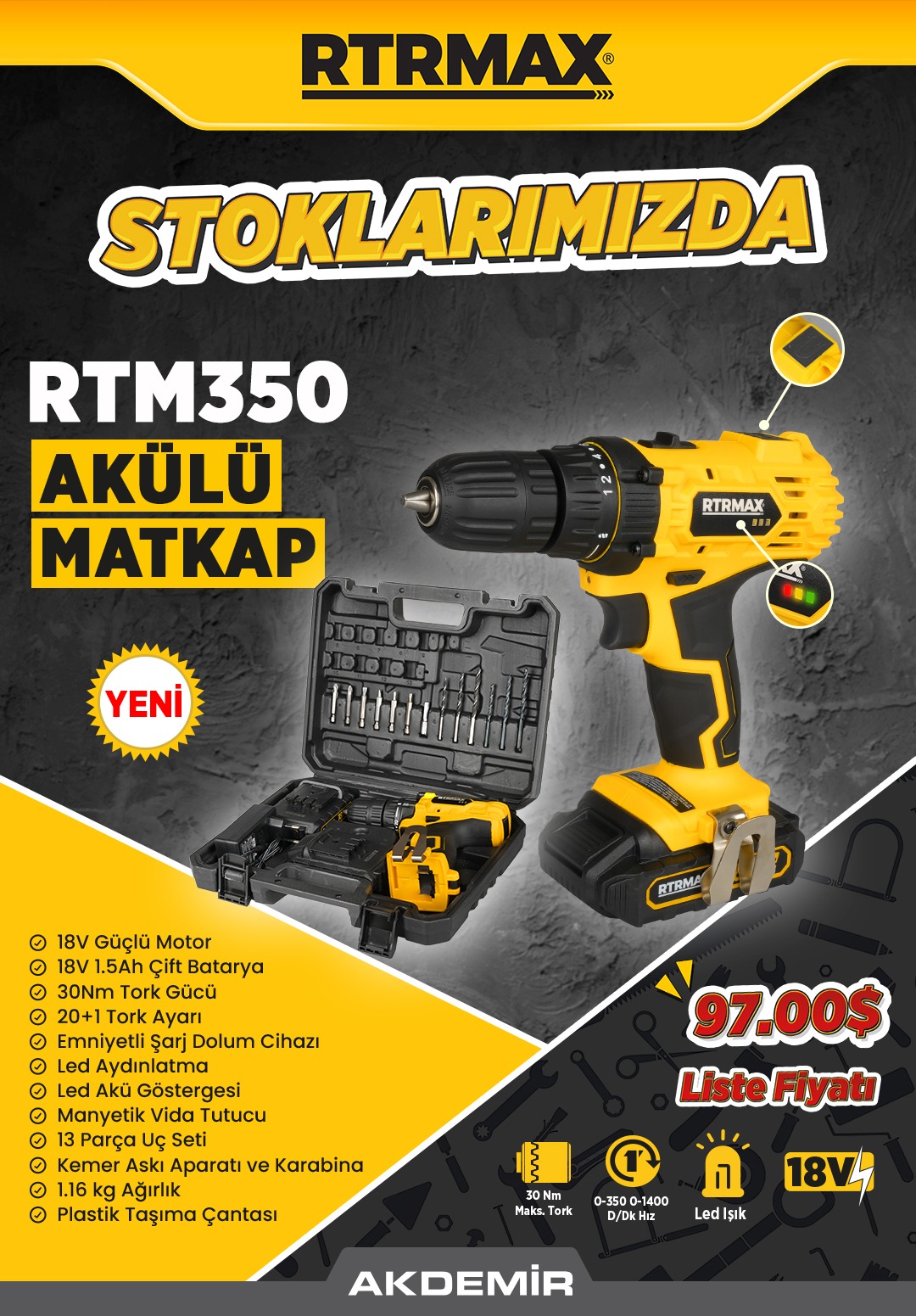 RTM 350 AKÜLÜ MATKAP ÇİFT AKÜLÜ 18 V